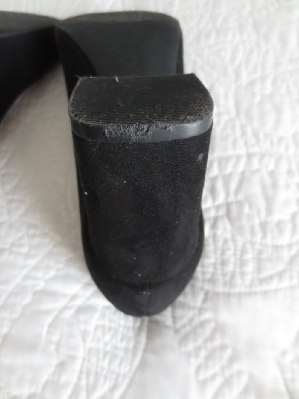 Classic Round Toe Black Suede Chunky Block Squared Heels - Picture 8 of 11